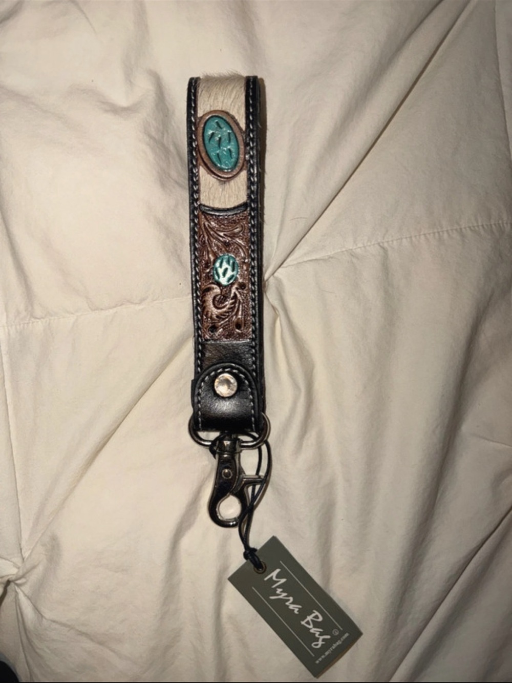 Myra Bag Brown and Turquoise Leather Concho Wristlet Keychain